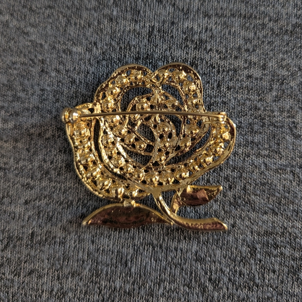 Gold Toned Flower/Rose Brooch with Rhinestones, EUC - Picture 2 of 3